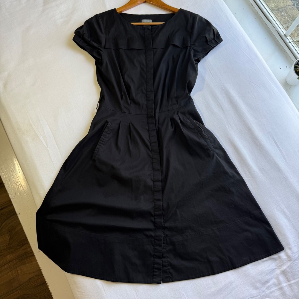 Ann Taylor Black Cotton Blend Short Sleeve Fit Flare Button Front Pocket Dress 4